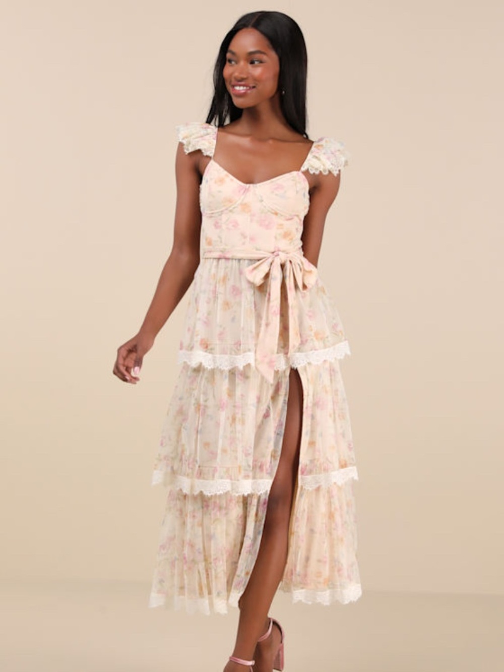 Lulus Dolora Blush Floral Bustier Tiered Midi Dress Pink - Size XL